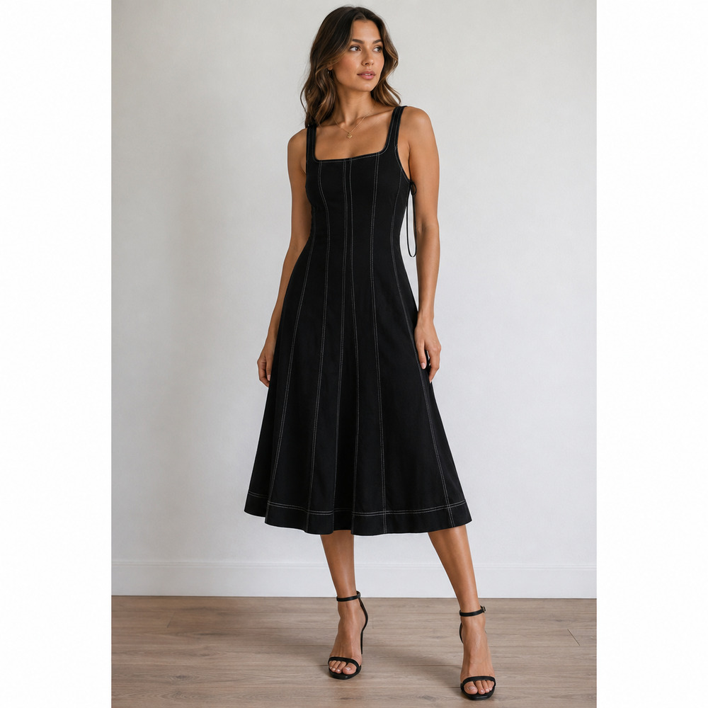 Christian Lacroix Black Linen Blend Sleeveless Midi Dress Womens S